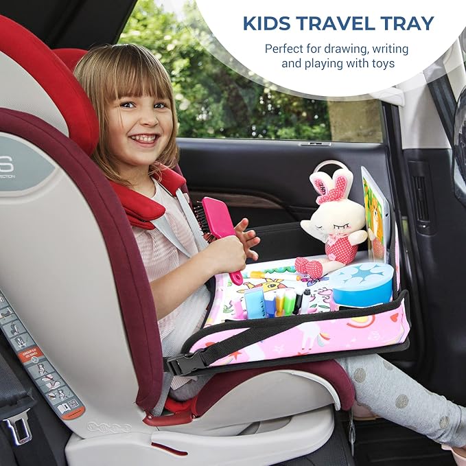 COOLBEBE Kids Travel Tray for Toddler Car Seat, Travel Tray for Airplane, Toddler Car Seat Lap Tray, Carseat Table Tray for Kids Travel Activities (Pink Unicorn -2PCS)