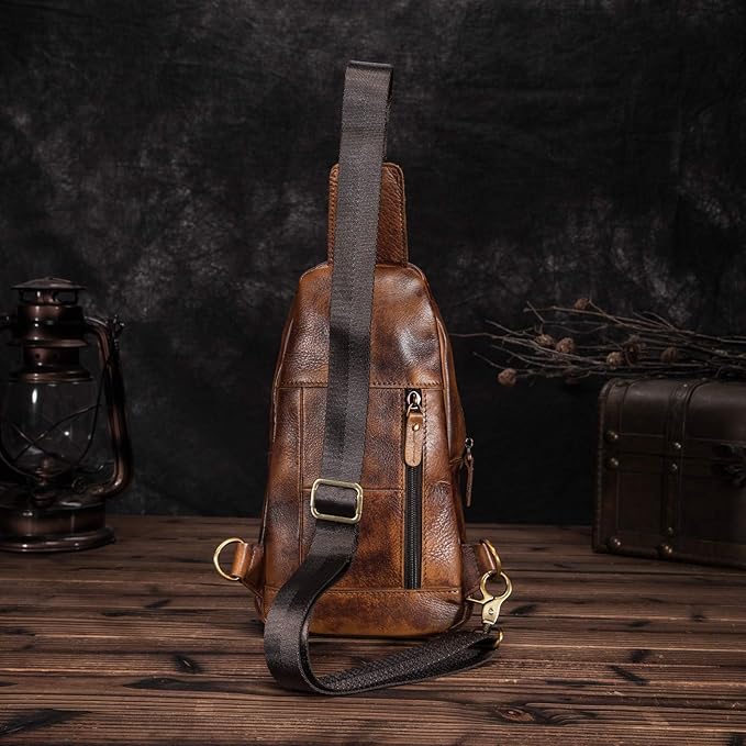 Le'aokuu Men Outdoor Casual Travel Hiking Tea Crossbody Chest Sling Bag Rig One Shoulder Strap Bag Backpack Men Leather