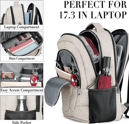 Backpack for Women and Men, Extra Large School Backpacks for Teens, Water Resistant Back Pack with USB Charging Port Fits 17 Inch Laptop, Business Anti Theft Sturdy Computer Bag Gifts, Beige