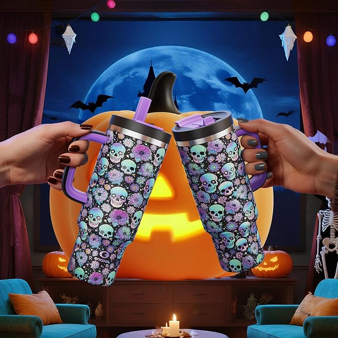 40oz Halloween Tumbler with Handle and Straw, Stainless Steel Insulated Water Bottle with Straw, Leak-Proof, Cup Holder Friendly, Keeps Cold 24 H, Gifts for Women Men, Floral Afterlife