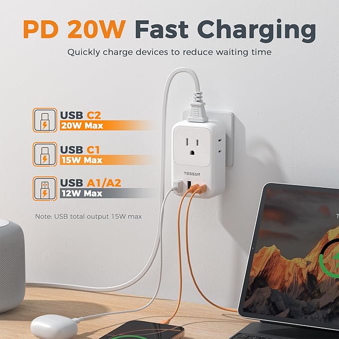 USB C Charger Block 20W PD, TESSAN Foldable Wall Charger with 4 USB Ports and 4 AC Outlet Extender, Multi Charging Station for Cruise, Home, Office, Dorm Room Essentials, White
