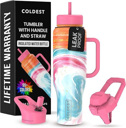 Coldest Tumbler with Handle and Straw - 100% Leak Proof Insulated Tumbler with Lid and Straw (3 Lids) - Stainless Steel Tumblers for Women & Men - Cup Holder Friendly Base, 46 oz (Amethyst)