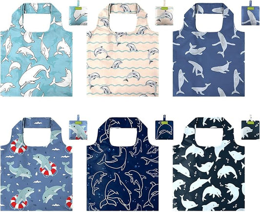 BeeGreen Dolphin Reusable Shopping Bags 6 Pack - Heavy Duty Washable and Foldable Polyester Shopping Bag for Women, Reusable Gift Grocery Totes Market Tote Bag with Handles for Travel Holiday
