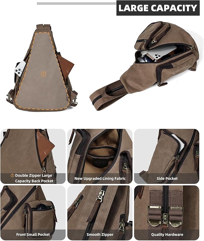 KL928 Canvas Sling Bag - Casual Crossbody Shoulder Daypack Rucksack Backpack for Men Women, Brown