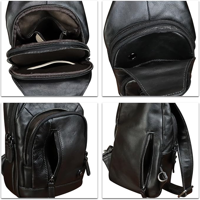 IVTG Genuine Leather Sling Bag Vintage Crossbody Shoulder Bag Handmade Casual Backpack Fanny Purse Chest Bag (Black)