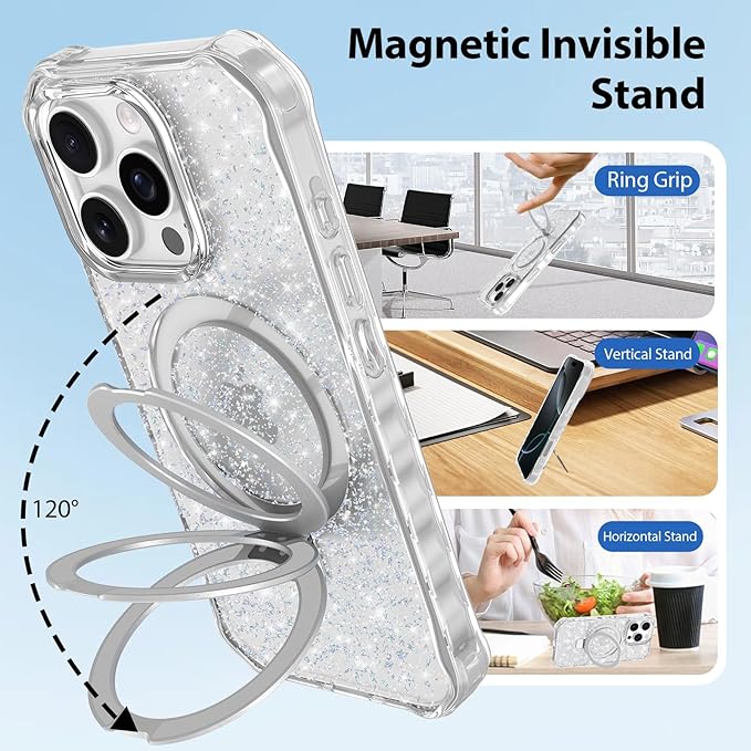 Magnetic for iPhone 16 Pro Case with Invisible Stand, Compatible with MagSafe, Clear Bling Sparkle Shockproof Slim Anti-Slip Military Drop Protection Hard Phone Case 6.1" Glitter Silver