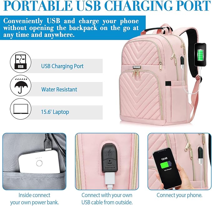 Laptop Backpack for Women, Large School Backpacks for Girls,17.3 Inch Fashion Quilted College Bookbags with USB Charger, Pink Womens Travel Backpack