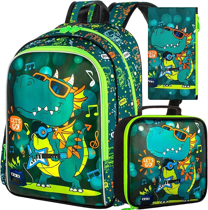 Boys Backpack, 16" Dinosaur Kids Bookbag with Lunch Box, 3Pcs Dino School Backpacks for Elementary Preschool Kindergarten (Green)