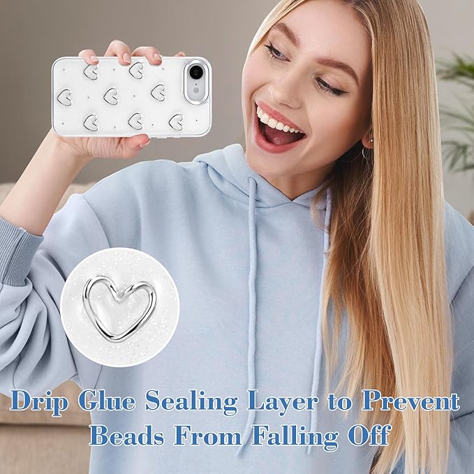 EYZUTAK Case for iPhone 16e, Bling Glitter 3D Hearts Phone Case Cute Sparkly Crystal Clear Heart Aesthetic Design Cover Slim Soft Durable TPU Transparent Protective Cover for Women Girls - Heart