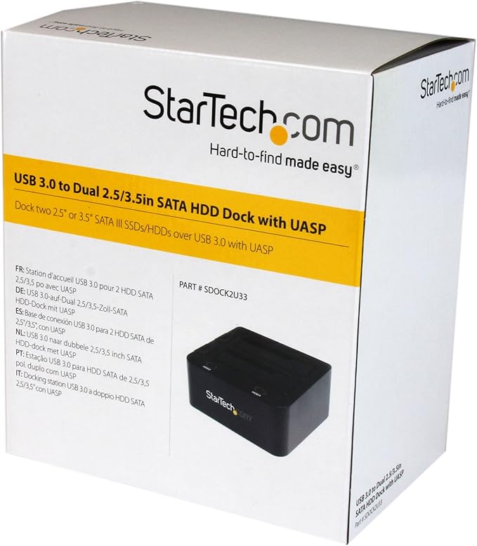 StarTech.com Dual-Bay USB 3.0 To SATA Hard Drive Docking Station, USB Hard Drive Dock, External 2.5/3.5" SATA I/II/III, SSD/HDD Docking Station, Hot-Swap Hard Drive Bay, Top-Loading (SDOCK2U33),Black