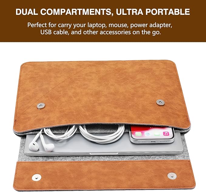 MoKo 13-13.3 Inch Laptop Sleeve Fits MacBook Pro 13" M2/M1, MacBook Pro 14", MacBook Air 13.3", iPad Pro 12.9", Surface Pro 9/8 13", Felt & PU Leather Case Bag with Pocket, Gray&Brown