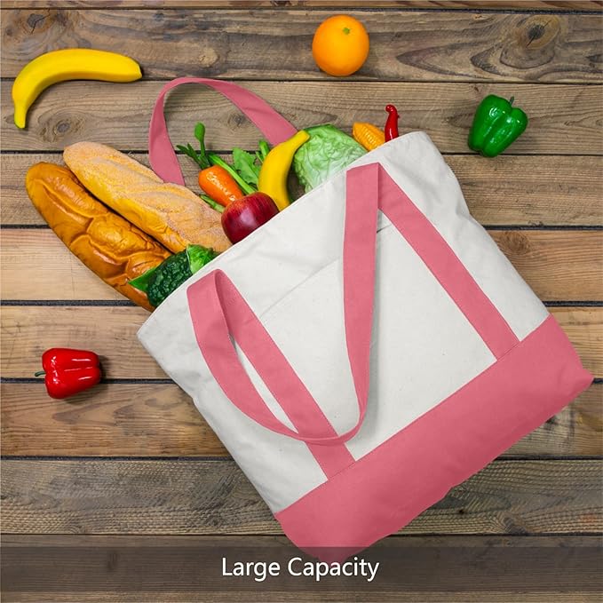 TOPDesign 1-Pack Canvas Tote Bag with an External Pocket, Reusable Grocery Shopping Bag, Top Zipper Closure, Daily Essentials (Rose Pink/Natural)