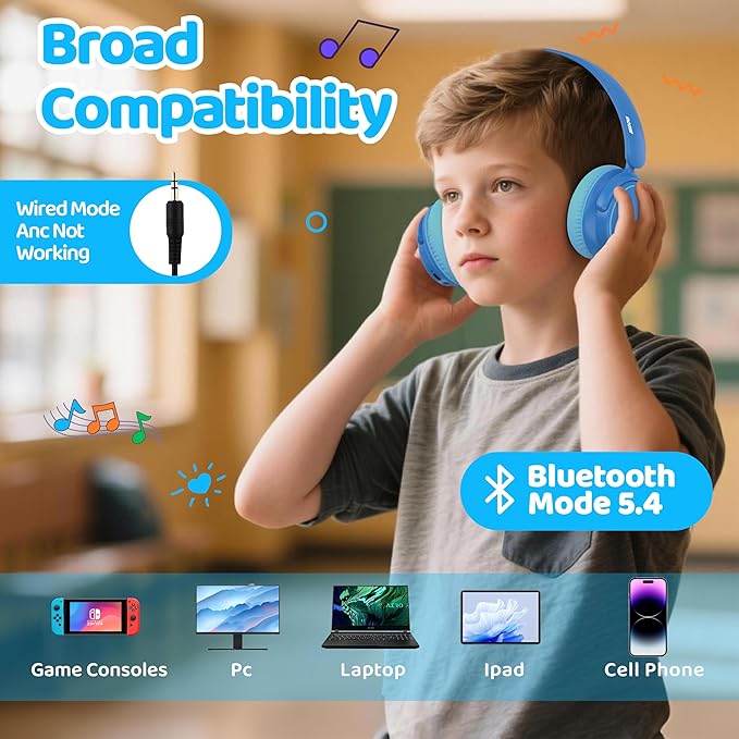 MIDOLA Active Noise Cancelling Kids Headphones Bluetooth 5.4 Wireless Volume Limited 85/94dB,Type C Fast Charging,Over Ear Foldable with Mic Aux Cord for Toddler Child Pad Tablet Blue