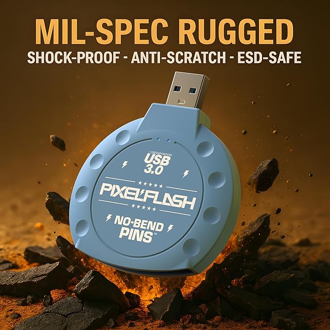 PixelFlash CF Card Reader (Blue) - Compact Flash Memory Card Adapter with USB 3.0, 5GB/s File Transfer, No-Bend Pins, Supports UDMA-7, Anti-Slip & Anti-Scratch, Compatible with Most Brands & OS