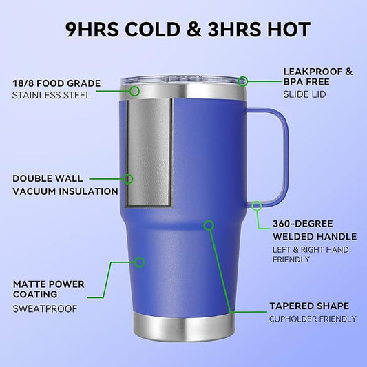 20 oz Stainless Steel Tumbler with Handle Bulk Metal Insulated Tumblers Travel Coffee Mug with Handle Double Wall Tumbler Cup with Lid and Straw, Blue 6 Pack