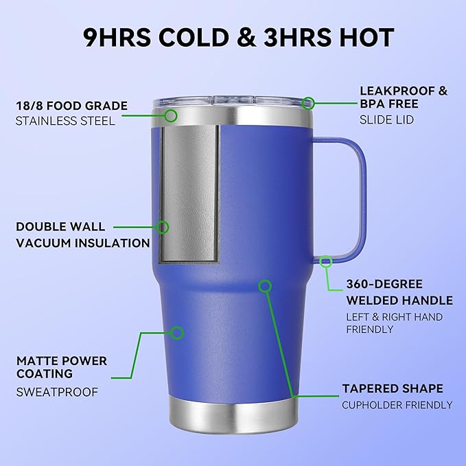20 oz Stainless Steel Tumbler with Handle Metal Insulated Coffee Travel Mug with Handle Double Wall Tumbler Cup with Lid and Straw, Blue 1 Pack