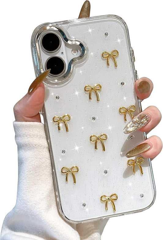 EYZUTAK Case for iPhone 16, Bling Glitter 3D Bowknot Phone Case Cute Sparkly Crystal Clear Bow Aesthetic Design Case Slim Soft Durable TPU Transparent Protective Cover for Women Girls - Gold Bow