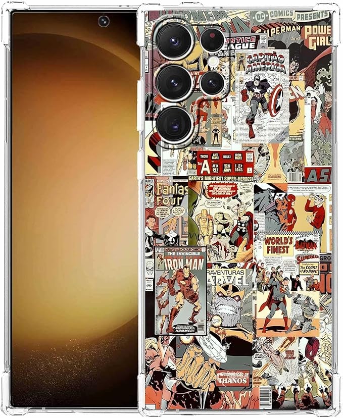 Case for Samsung Galaxy S23 Ultra with Superhero Design,Cartoon Comic Pop Culture Art Collage,Clear Soft TPU Bumper Phone Cover,6.8"(Hero,S23U)