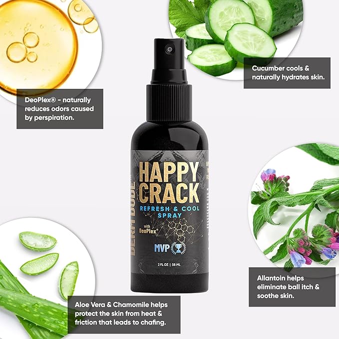 Derm Dude Happy Crack Refresh & Cool Butt Spray | MVP Scent | Deodorant & Odor Eliminator with Soothing Witch Hazel & All-Natural DeoPlex for Odor Control | 2 oz (1 Pack)