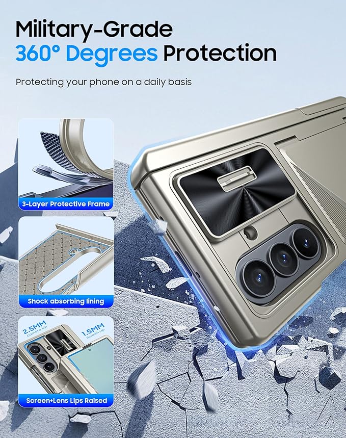 for Samsung Galaxy Z Fold 7 Case with Card Holder RFID Blocking, Built in Slide Lens Cover & Hinge Protection & Kickstand & Screen Protector, Shockproof Wallet Case for Z Fold 7 (Titanium Gold)