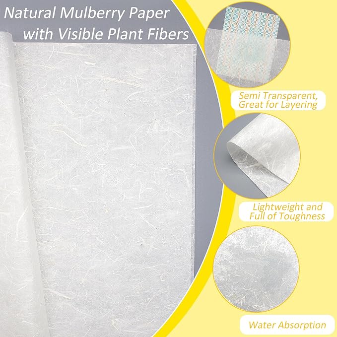 Benvo 50 Sheets A4 Natural Mulberry Paper Visible Plant Fibers Rice Paper Printable Decoupage Tissue Paper Sheets for Writing, Painting, Card Making, DIY Crafts(8.3x11.7in, Semi Transparent Off White)