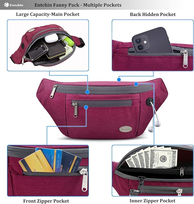 Entchin Fanny Pack for Women Men,Crossbody Belt Bag with 4-Zipper Pockets,Adjustable Waist Bag Pack,One of the Most Popular Travel Essential Gifts for Walking,Traveling,Cycling