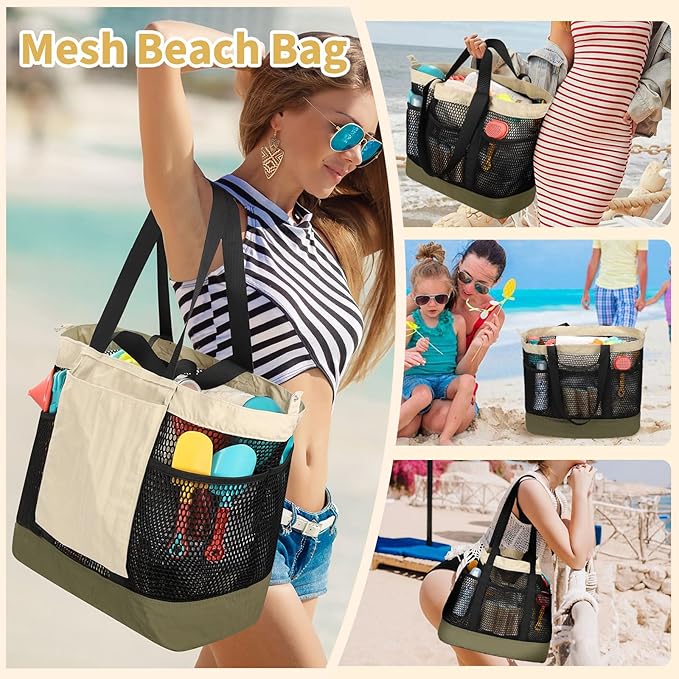Mesh Beach Bag, Extra Large Beach Bags for Women, Lightweight Foldable Sandproof Tote Bag for Family & Vacation