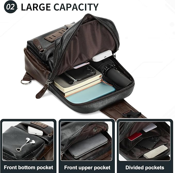 Vintage PU Leather Sling Backpack for Men, Crossbody Bag, Adjustable Shoulder Strap, Compact Backpack for Travel, Daily Use, and Gift, Black