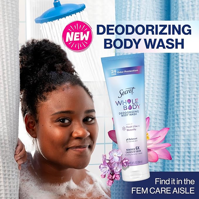 Secret Feminine Wash, 24 HR Deodorizing Feminine Body Wash for Women, Removes 6x Causes of Odor, PH Balanced, Safe to Use Everywhere, Lilac & Waterlily Scent, 8.0 oz
