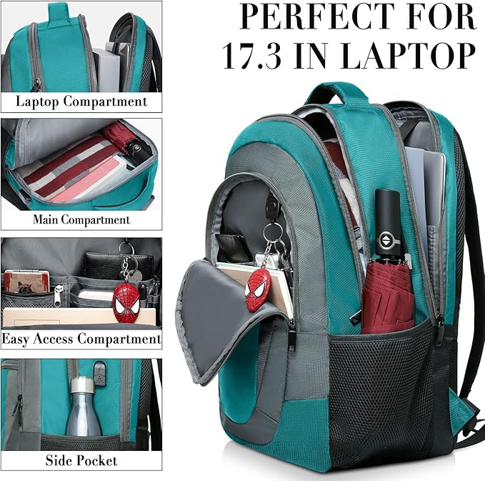 BIKROD Teal Backpack for Woman and Men, Travel Laptop School Backpack for Teens with USB Charging, Waterproof College Back Pack for 17.3 IN Laptop Backpack, Adult Business Computer Travel Backpack,