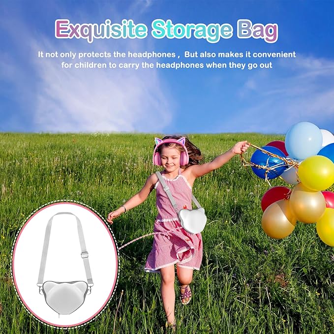 LOBKIN Bluetooth 5.4 Kids Headphones with Case - RGB LED Light Up Cat Ears Foldable Adjustable Over Ear Headphone Support Wireless or 3.5mm Wired Mode for Toddler & Girls & Boys Teens