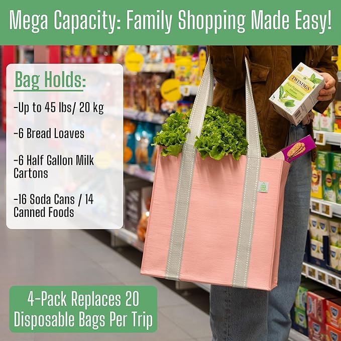 VENO 2-4 Pack Reusable Grocery shopping Bags, Small Tote Bag w/Handle Hard Bottom, Heavy Duty, Foldable Carrier