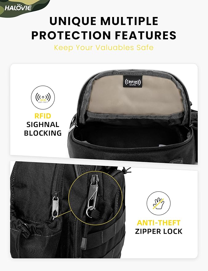 HALOVIE Anti-theft Tactical Sling Bag RFID Black Military Shoulder Bag with Phone Pack EDC Molle Crossbody Bag for men