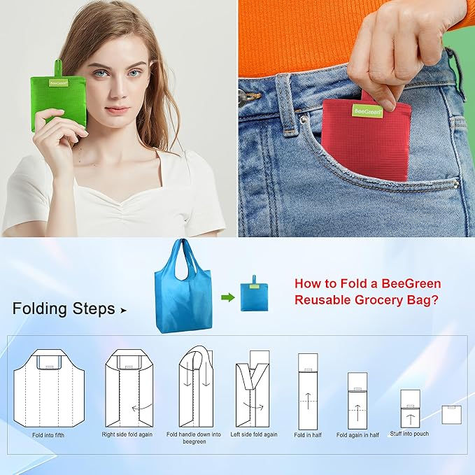 BeeGreen Colorful Reusable Grocery Bags 6 Pack, Heavy Duty Totes for Women, Foldable Grocery Bag Large Shopping Totes with Handles for Work, Travel, Gift, Store, Polyester Washable Reusable Tote Bag