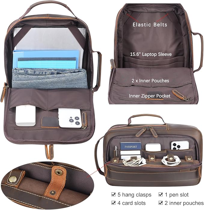 Masa Kawa Leather 15.6" Laptop Backpack for Men Convertible Briefcase Backpacks Expandable Vintage Business Work Travel Rucksack Daypack, Light Brown