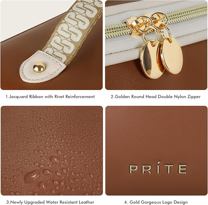 Prite Travel Cosmetic Bag Makeup Organizer Bag For Women Large Capacity Waterproof PU Leather Toiletry Bag with Handle and Clear Divider(Dark Brown)