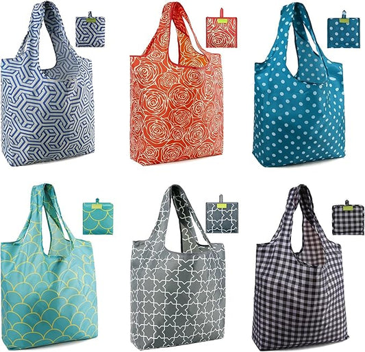 BeeGreen Reusable Grocery Bags Geometry Design - Pack of 6 Foldable Totes for Women with Pouch,X-Large 50lbs Capacity Machine Washable Polyester Sturdy Shopping Bags for Women Travel Shopping