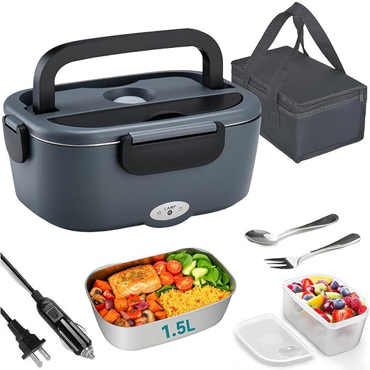 80W Electric Lunch Box for Car & Truck,12V/24V/110V Green Portable Warmer with 304 Stainless Steel Container,Ideal for Drivers & Office