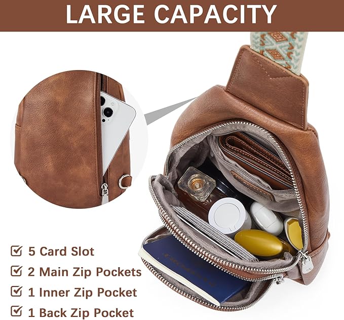 BOSTANTEN Sling Bag for Women Leather Crossbody Bag Vintage Cross Body Purse for Travel with Guitar Strap, Bohemian Style