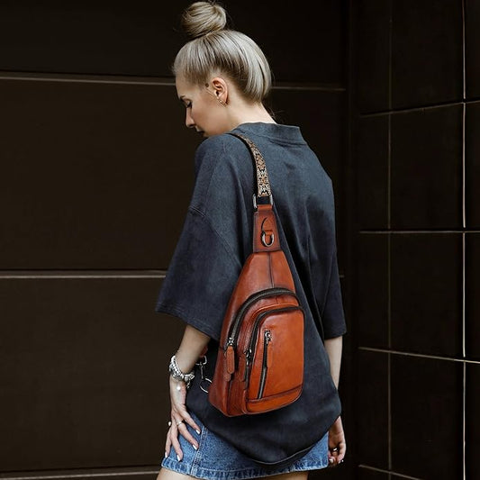 HESHE Leather Sling Bag for Women Crossbody Bags with Multi-Pocket Stylish Fanny Packs for Travel Chest Bag