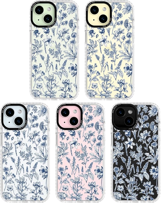 for iPhone 15 Plus Case, Vintage Botanical Pattern with Blue Flowers, Military-Grade Drop Protection, Cute Soft Slim TPU Protective Cover with Camera Lens Protection for Women & Girls