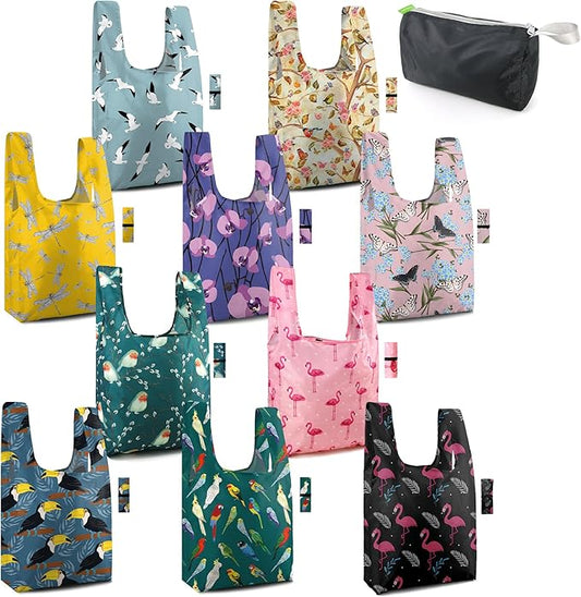 BeeGreen Reusable Grocery Bags Bulk Gifts 10-Pack - Large Tote with Zipper Pouch | Foldable & Washable Polyester Shopping Bags Heavy Duty Animal Lover Gifts Reusable Bag With Handles