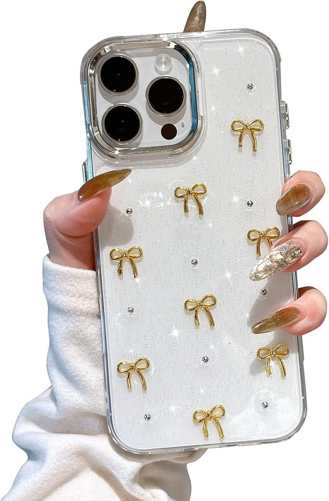 EYZUTAK Case for iPhone 12 Pro Max, Bling Glitter 3D Bowknot Phone Case Cute Sparkly Crystal Clear Bow Aesthetic Design Case Slim Soft Durable TPU Transparent Protective Cover for Women Girls-Gold Bow