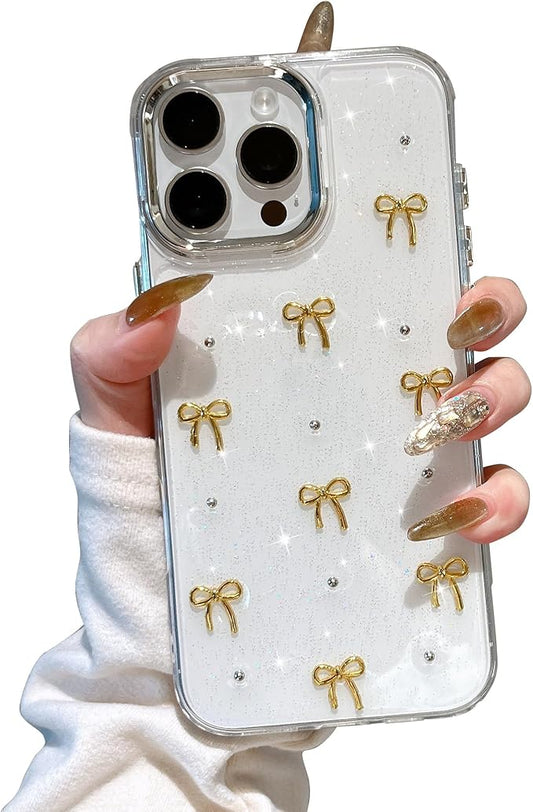 EYZUTAK Case for iPhone 12 Pro Max, Bling Glitter 3D Bowknot Phone Case Cute Sparkly Crystal Clear Bow Aesthetic Design Case Slim Soft Durable TPU Transparent Protective Cover for Women Girls-Gold Bow