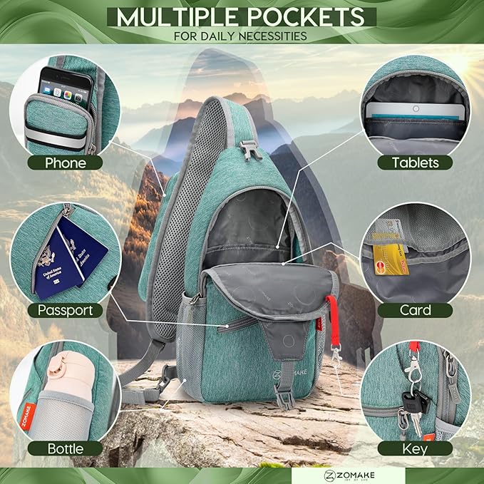 ZOMAKE Sling Bag,Small Crossbody Sling Backpack,Water Resistant Shoulder Daypack for Travel,Anti Thief Chest Bag for Hiking(Turquoise)