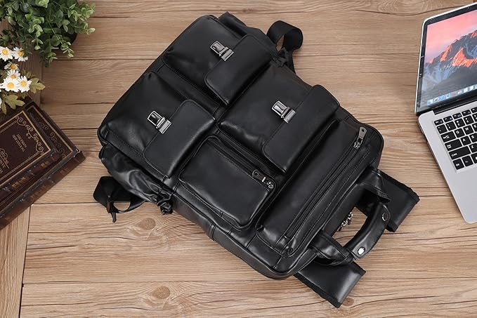 Masa Kawa Black Leather Backpack for Men 15.6 Inch Laptop Bag Multi Pockets Casual Work Business Travel Daypack