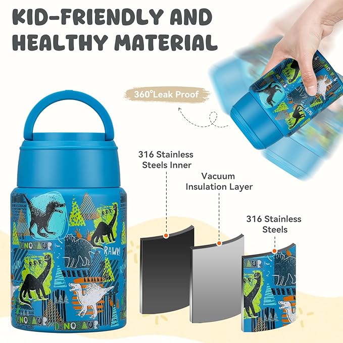 17oz Soup Thermo for Hot Food Kids Insulated Food Jar,Thermo Hot Food Lunch Container, Width Mouth Stainless Steel Lunch Box for Kids with Handle Folding Spoon(Blue - Dinosaur)