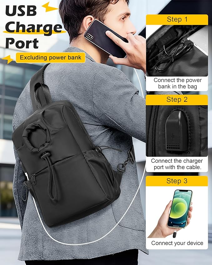 Large Black Sling Crossbody Bag for Men Women, Tactical Backpack Shoulder Daypack Mini Cross Body Motorcycle Chest Bags, Small One Strap Fanny Back Pack for Casual Travel Hiking Sport Gym