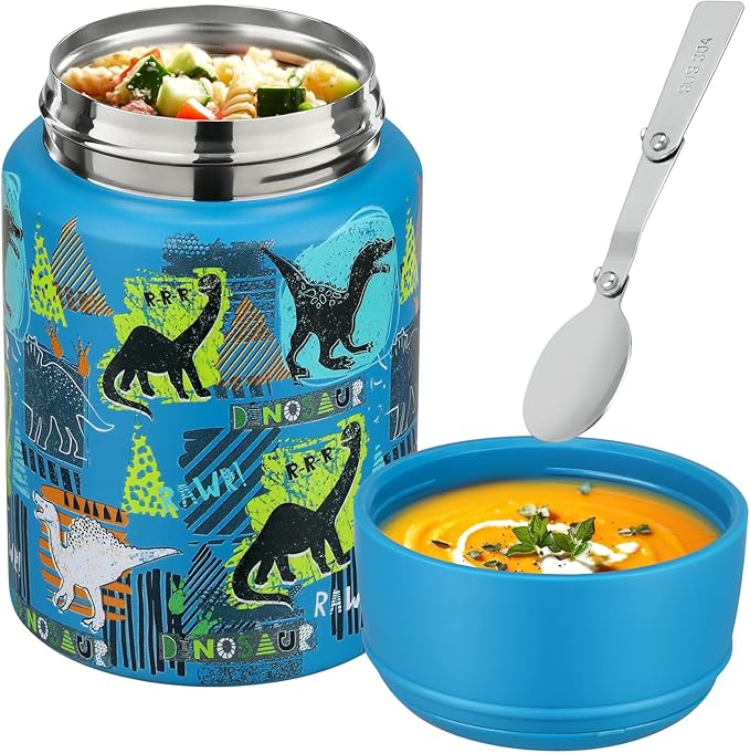 17oz Soup Thermo for Hot Food Kids Insulated Food Jar,Thermo Hot Food Lunch Container, Width Mouth Stainless Steel Lunch Box for Kids with Handle Folding Spoon(Blue - Dinosaur)
