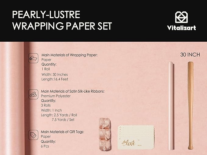 Vitalizart Pink Wrapping Paper Set 30" Pearly-Lustre With Silk Like Satin Ribbon & Gift Tags Recyclable Eco-Friendly Christmas Gift Wrapping Birthday Baby Shower Wedding Handmade Crafts 197"(16.4 Ft)